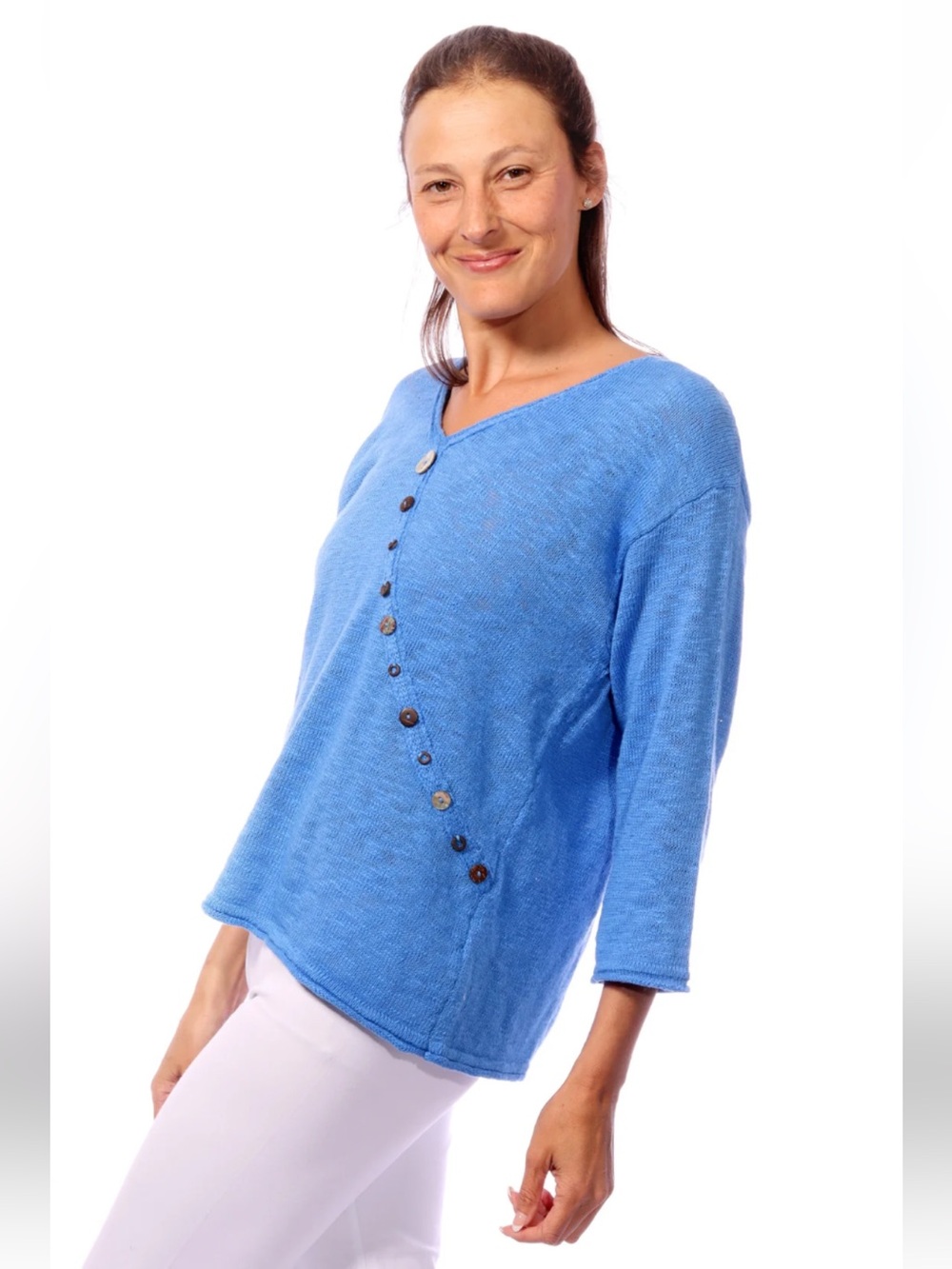 Lulu-B Powder Blue V‑Neck diagonal Button Accent Knit lightweight sweater size S